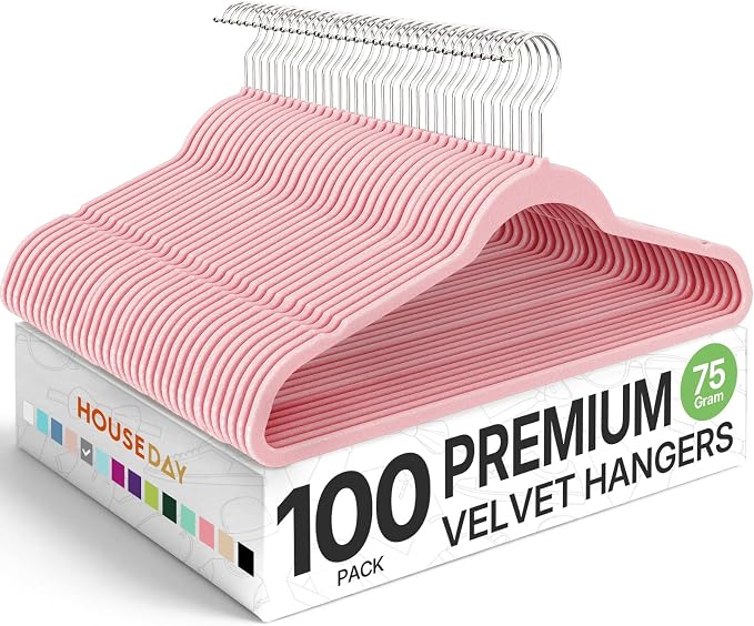 HOUSE DAY Premium Velvet Hangers 100 Pack Light Pink, Non-Slip Flocked Felt Hangers, Sturdy Clothes Hanger with 360° Rotatable Hook, Heavy Duty Durable Slim Coat Hanger for Closet Space Saving