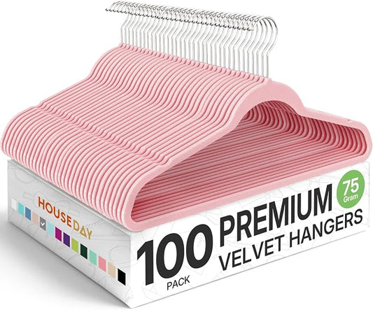 HOUSE DAY Premium Velvet Hangers 100 Pack Light Pink, Non-Slip Flocked Felt Hangers, Sturdy Clothes Hanger with 360° Rotatable Hook, Heavy Duty Durable Slim Coat Hanger for Closet Space Saving