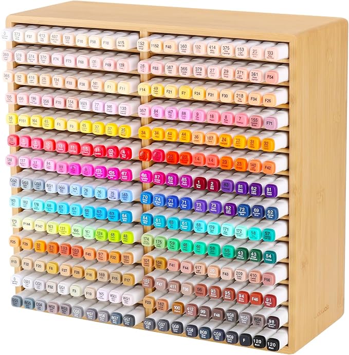 walowalo Bamboo Marker Organizer Markers 280pcs Markers Pen Holder Art Supply Pencil Storage Organizer with 28 Compartments All-in-One Marker Storage for Office Home (Holds up to 280pcs Markers)