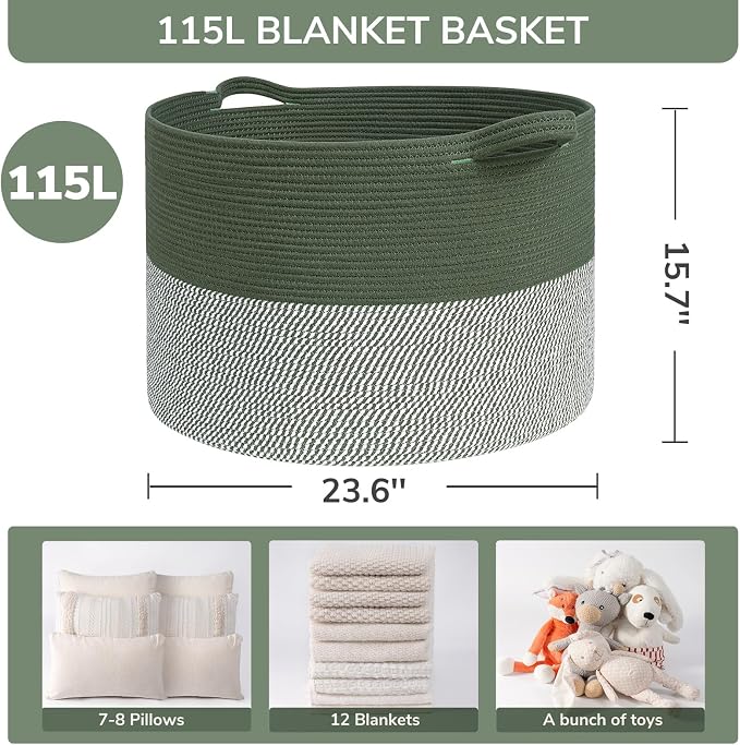 INDRESSME 115L Extra Large Cotton Rope Blanket Basket, Home Decor Laundry Storage Basket for Organizing Bedroom, Living Room, Nursery, Toy Storage for Colthes Towel, Green
