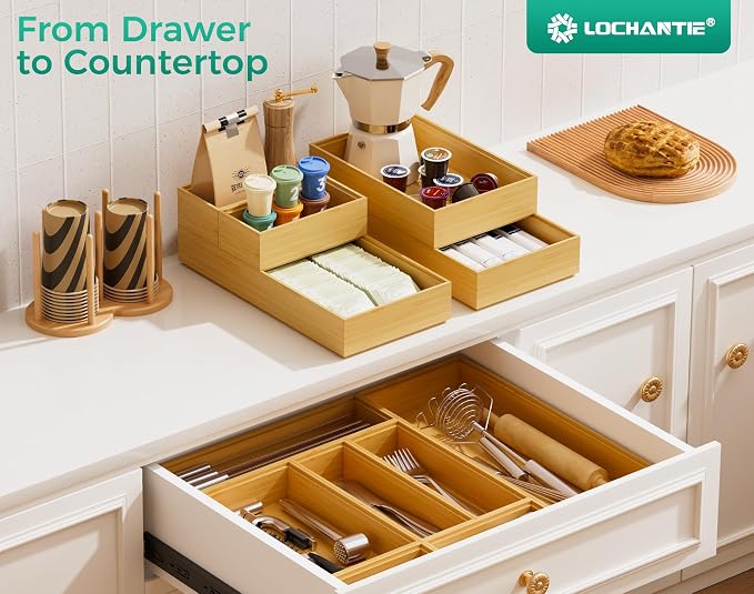 Long Bamboo Kitchen Drawer Organizer Boxes – 17" x 6" Stackable Wood Silverware Utensil Tray for Drawers Bins Cutlery & Flatware Storage – Wooden Pantry Organizers Set of 2 for Junk Drawer Bathroom Rv