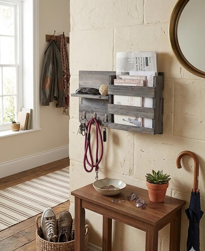 Wall-Mounted Key Holder Hooks - Rustic Wood Weathered Grey & Black - Entryway Organizer for Mail, Leashes, and Purses - Floating Shelf, 16.5” W x 9.75" H x 4.5” D