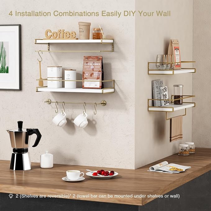 Forbena Floating Bathroom Shelves Wall Mounted, Aesthetic White and Gold Shelves for Bathroom Accessories, Modern Bathroom Organizer with Tower Bar for Wall Decor Storage Small Spaces, Set of 2