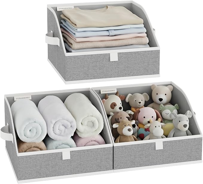 StorageWorks Closet Storage Bins, Trapezoid Organizer Box for Shelves, Fabric Clothes Bin, Foldable Organizing Baskets with Handles, Small, 3-Pack, Gray
