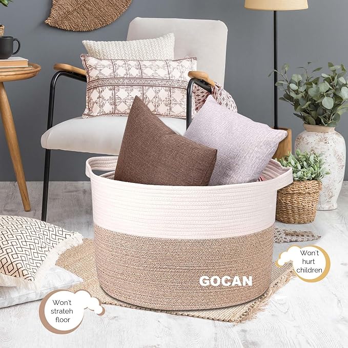 GOCAN Extra Large Laundry Basket toy storage 22"X22"X14" blanket basket Cotton Rope Woven Baskets with Handles for Living Room (Brown/Beige) XXXL