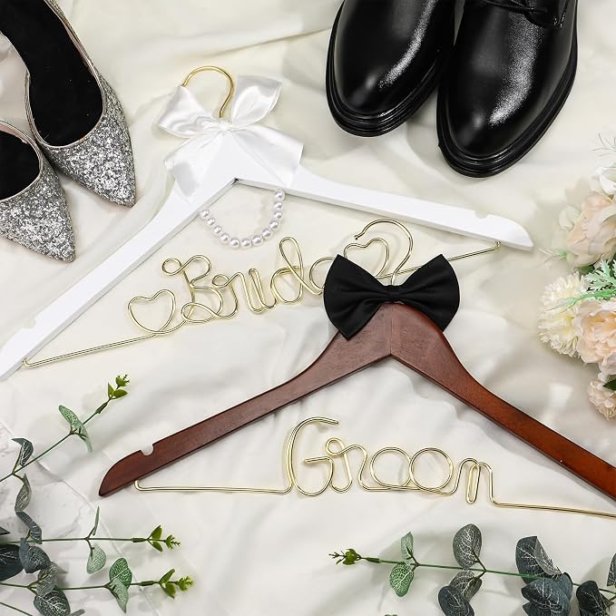 Beeveer 2 Pcs Bride Hanger for Wedding Dress Bride and Groom Wooden Wedding Dress Hanger Set with Bow Tie for Tuxedo Suit Gift Bridal Party Shower