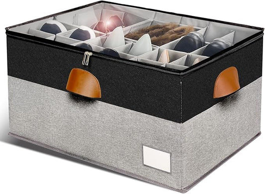 Shoe Organizer for Closet, Foldable Shoe Storage Bins with Clear Cover, Space Saving Shoes Holder with 4 Handles, Large Adjustable Shoe Box Storage Containers, Fits 12-24 Pairs, 1 Pack, Black