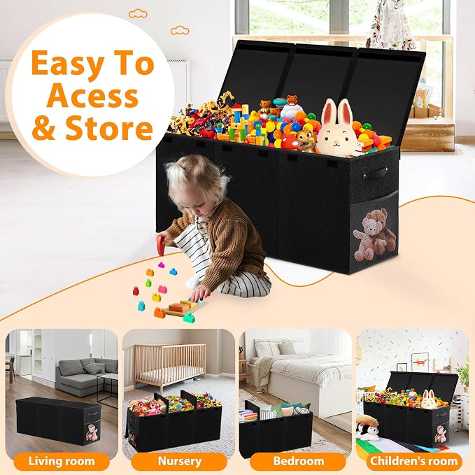 Extra Large Toy Storage Box with Lid Divider, Sturdy Collapsible Toys Organizer Chest Kids Storage Bins Boxes Baskets for Boys, Girls, Nursery, Bedroom, Living Room, Playroom, 40"x14"x16", Black