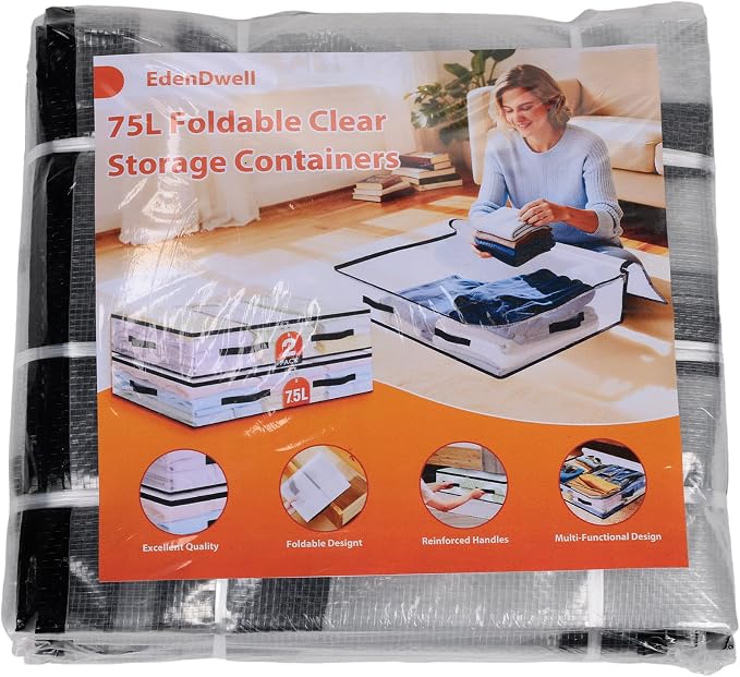 2 Pack Under Bed Storage Bags, 75L Foldable Clear Storage Containers with Handles, Dual Zippers for Comforter, Clothes, Bedding, Linen Sheets, Sweaters, Blanket Storage
