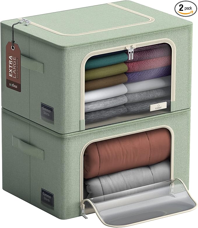 Sorbus Jumbo Storage Bins with Metal Frame - Oxford Fabric Storage Containers with Large Clear Window & Carry Handles - Stackable & Foldable Clothes Organizer Bags for Bedding Linen, Clotheing & More