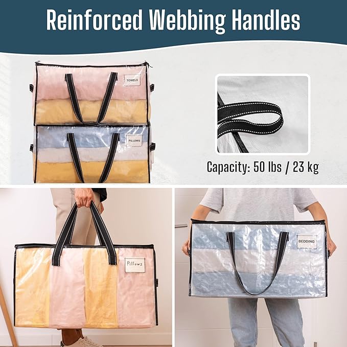 VENO 8 Pack Heavy Duty Moving Bags, Clear Storage Bags for Clothes and Comforters, College Dorm Essentials Packing Supplies, Foldable Boxes Alternative (Clear, 8 Pack)