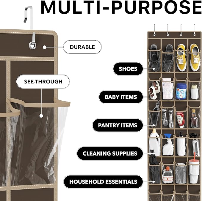 Simple Houseware 24 Pockets - Crystal Clear Over The Door Hanging Shoe Organizer, Brown (64'' x 19'')