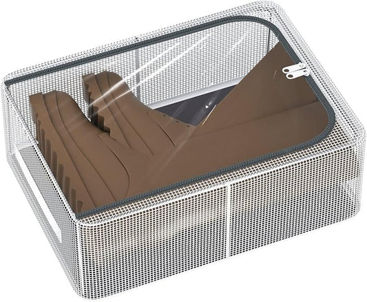 1 Pack Clear Shoe Storage Boxes for Boots Sneaker, 15.8" x 11.8" x 6" | Stackable Closet Storage Bins, Lids, Metal Frame, Waterproof PVC Cloth