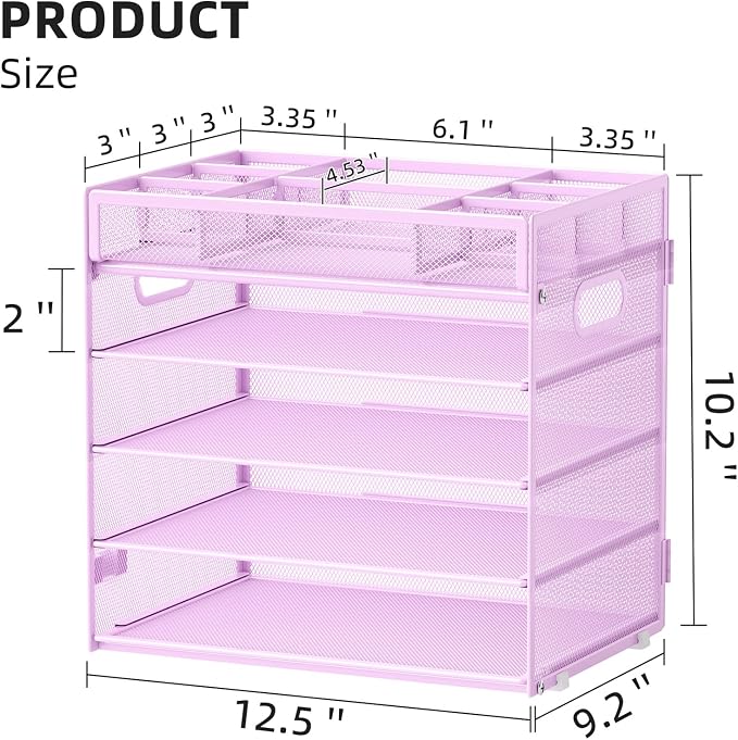 Marbrasse 5 Tier Mesh Desk File Organizer, Purple | Letter Tray, With Handle, Paper Sorter, Adjustable