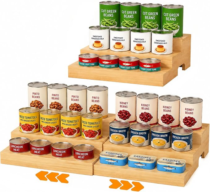 Expandable Can Rack Organizer for Pantry Fits Up to 24 20-oz Canned Food | 3-Tier Can Storage Holder for Kitchen Cabinet, Solid Wood Canned Goods Pantry Organizer Shelf, Visible & Accessible Display
