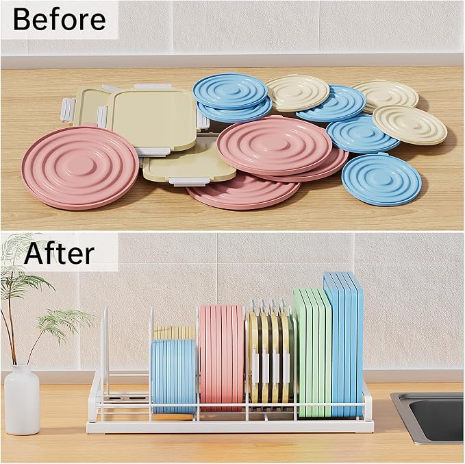 Food Container Lid Organizer for Cabinet with 6 Adjustable Divider | Detachable,Metal Pot Lid Organizer Rack Storage Plastic Lids Pots Bakeware for Cabinets, Cupboards,Pantry, Drawers (White)