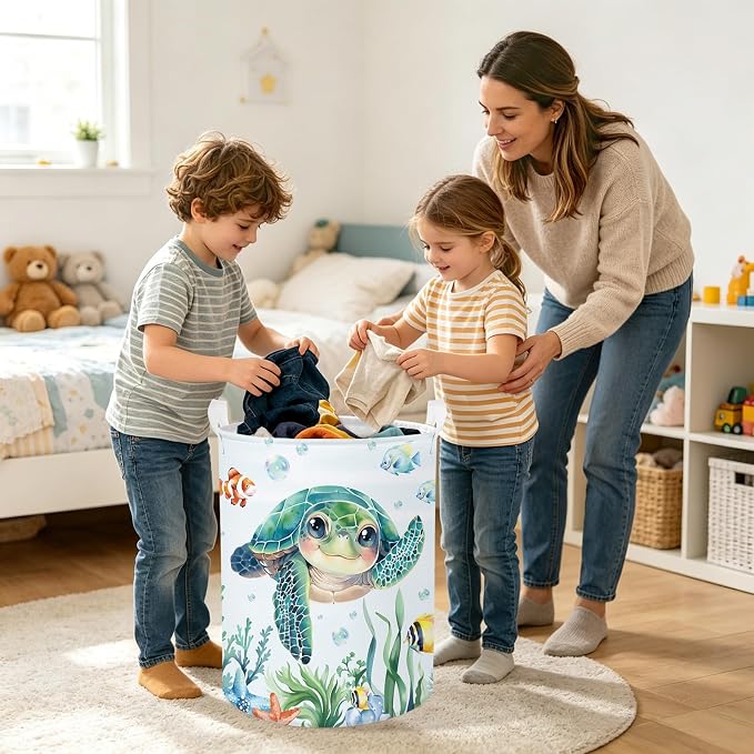 Clastyle Large Fish Sea Turtle Baby Basket Ocean Coral Seaweed Starfish Toy Book Shelf Basket Waterproof Pool Toy Beach Towel Storage Bin Collapsible Dirty Clothes Hamper, Blue, 36 * 45 cm