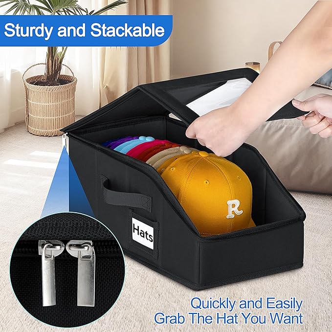 Dofilachy 4 Pack Stackable Hat Storage for Baseball Caps, Holds 56 Caps - Closet Organizer Box with Clear Window & Cardboard，Sturdy Snapback Hat Boxes for Home Storage (dark, 4)