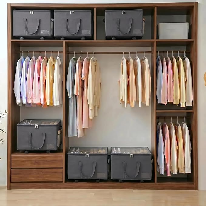2 Pack Large Shoe Organizer for Closet, 32 Pairs Shoe Storage Box with 360° Wheels & Reinforced Handles, Adjustable Dividers, Clear Cover, Side Pocket, Foldable Oxford Fabric Bin for Entryway, Grey