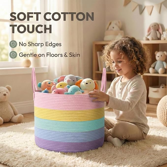 JMvicyroam 65L Extra Large Blanket Basket for Living Room - Woven Cotton Rope Laundry Hamper with Reinforced Handles - Storage Bin for Pillows, Comforters & Toys - Machine Washable,Rainbow