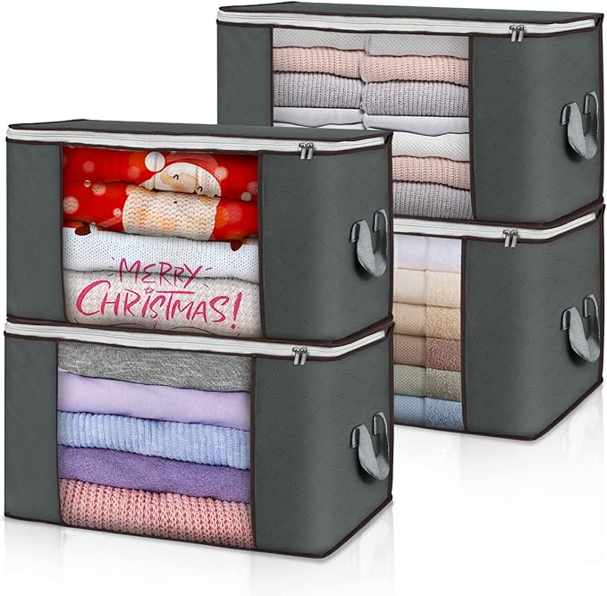 90L Large Storage Bags, 4 Pack Clothes Storage Bins Closet Organizers | Foldable Storage Containers, with Reinforced Handle, for Clothing, Blanket, Comforters, Bed Sheets, Pillows and Toys,Gray