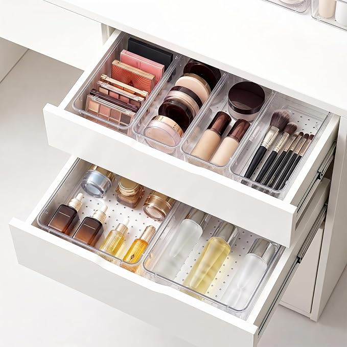 25 Pcs Makeup Drawer Organizer Set, 4 Sizes Versatile Bathroom and Vanity Drawer Organizer for Makeup, Non-Slip Desk Organizer Trays for Bedroom, Office, Fits Jewelry and Office Supplies