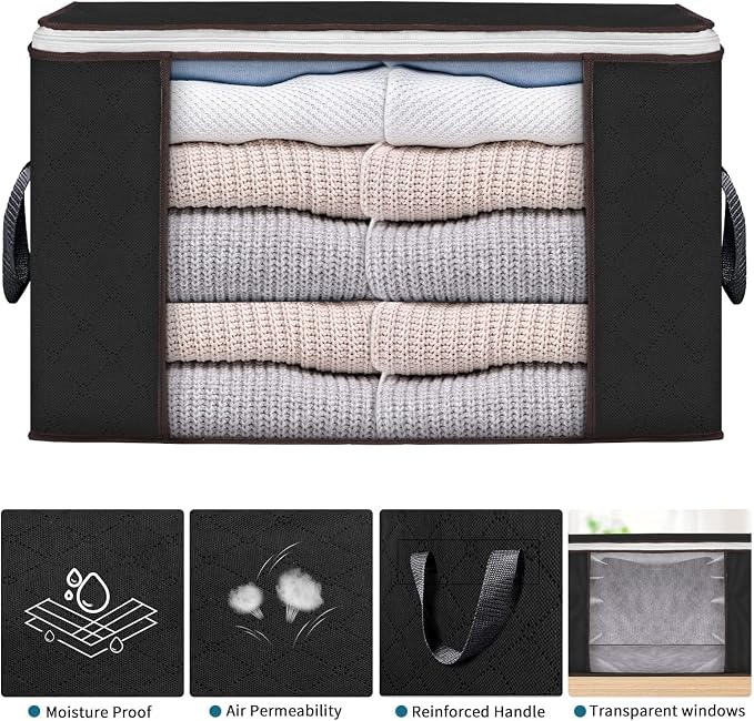 90L Large Storage Bags, 10 Pack Clothes Storage Bins Closet Organizers | Foldable Storage Containers, with Reinforced Handle, for Clothing, Blanket, Comforters, Bed Sheets, Pillows and Toys,Black