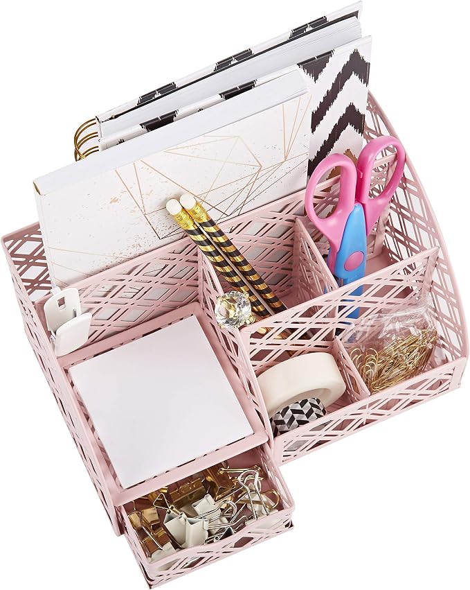 Exerz Desk Organizer Light Pink Office Desk Accessories Supplies Office Storage Desktop Pencil Pen Holder with Drawer Home Workspace