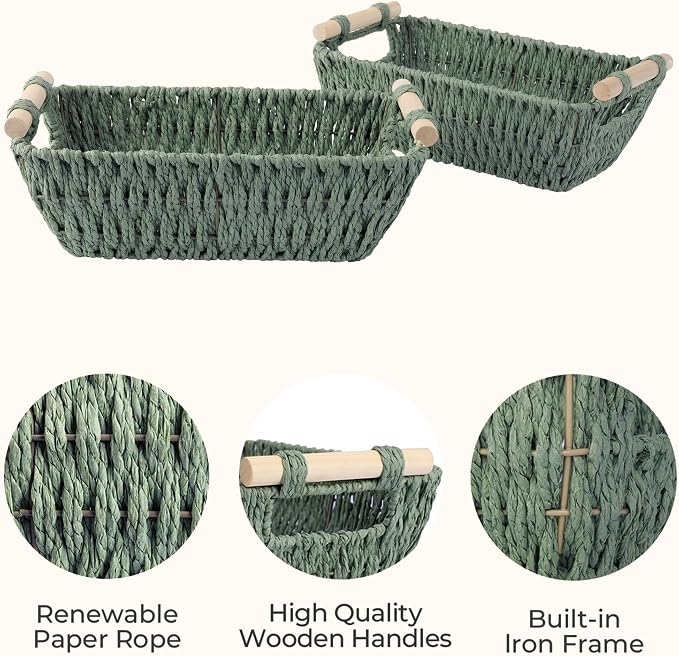 StorageWorks Round Paper Rope Woven Basket with Wooden Handles for Gifts, Small Woven Baskets for Shelf, Sage Green, 2-Pack