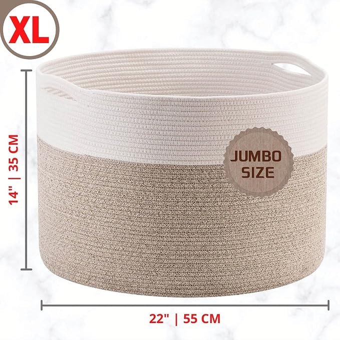 MINTWOOD Design Extra Large 22 x14 Inches Decorative Woven Cotton Rope Blanket Storage Basket Bin Living Room and Laundry Hamper for Pillows, Pool Towels, Dog Toys, Shoes, Light Brown