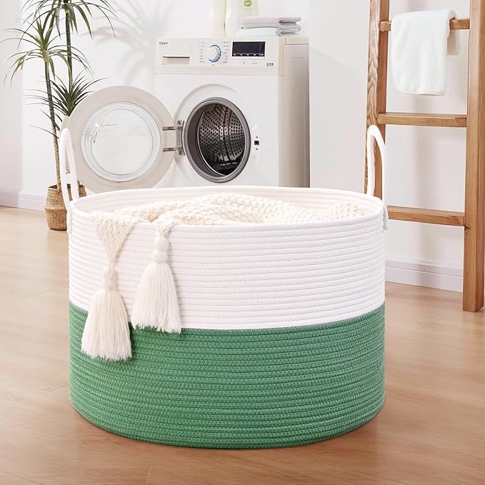 67L Large Woven Blanket Basket, Cotton Rope Baby Laundry Hamper with Handles, Kids Toy Basket for Classroom & Nursery, Soft Round Stuffed Animal Storage, Dog Toy Bin - 20"x13", Green