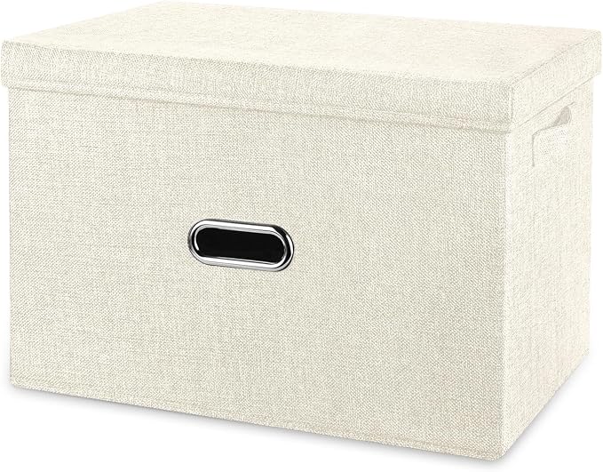 Large Linen Fabric Foldable Storage Bins with Removable Lid and Handles, Washable Storage Box Organizer Containers Baskets Cube with Cover for Bedroom,Office(Cream, Medium)