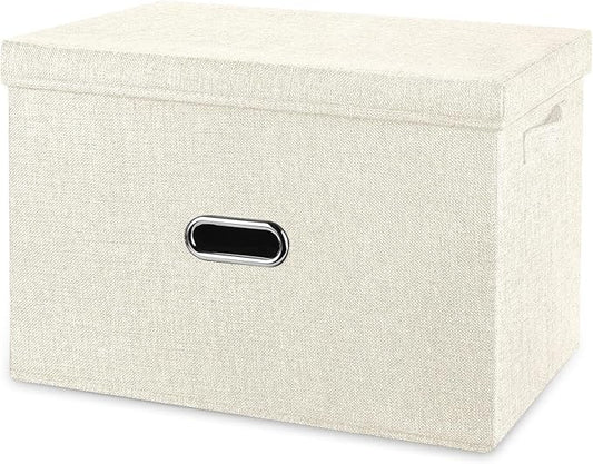 Large Linen Fabric Foldable Storage Bins with Removable Lid and Handles, Washable Storage Box Organizer Containers Baskets Cube with Cover for Bedroom,Office(Cream, XXL)