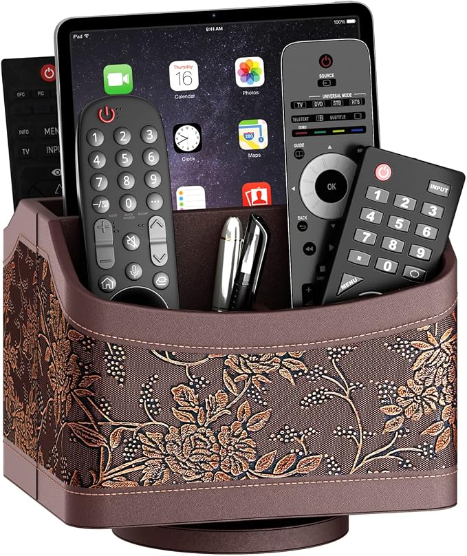 Remote Control Holder for Table, Leather Turntable/Organizer/Caddy for Holding TV Controllers, Phone, and Office Supplies, Perfect Space Saver for End Table/Nightstand/Office Desk(Retro)