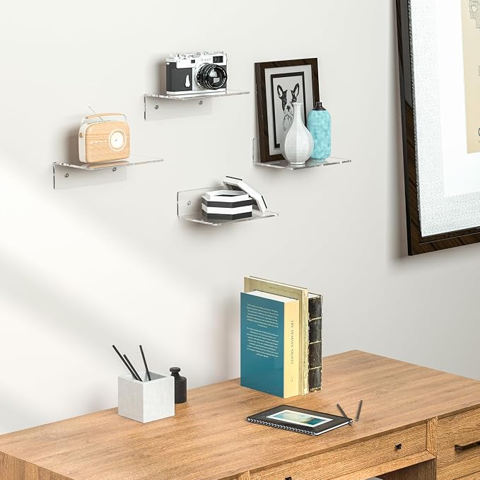 9 Inch Clear Wall Shelves, Acrylic Small Floating Shelf, Home Wall Display Shelf for Storage, Room Décor, Space Saving, Items Organizer, Bathroom Organizer, 4 Pack