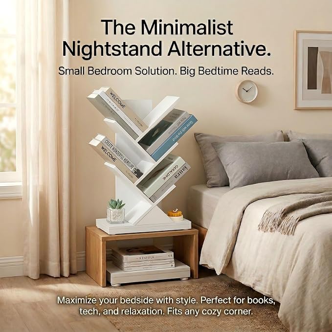 ruboka 5 Tier Tree Bookshelf, Small Bookcase 11.8"*7.4"*24" (White) | Retro Narrow Bookshelves for CDs/Magazines, Book Shelf for Bedroom, Living Room, Office, Balcony, Study Room