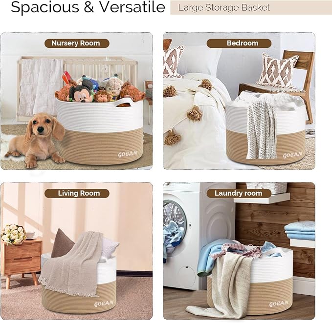 GOCAN Storage Baskets for Organizing D22"H14" Large blanket basket laundry basket Cotton Rope Woven Basket for toy towl in Living Room (Jute/Beige) XXXL