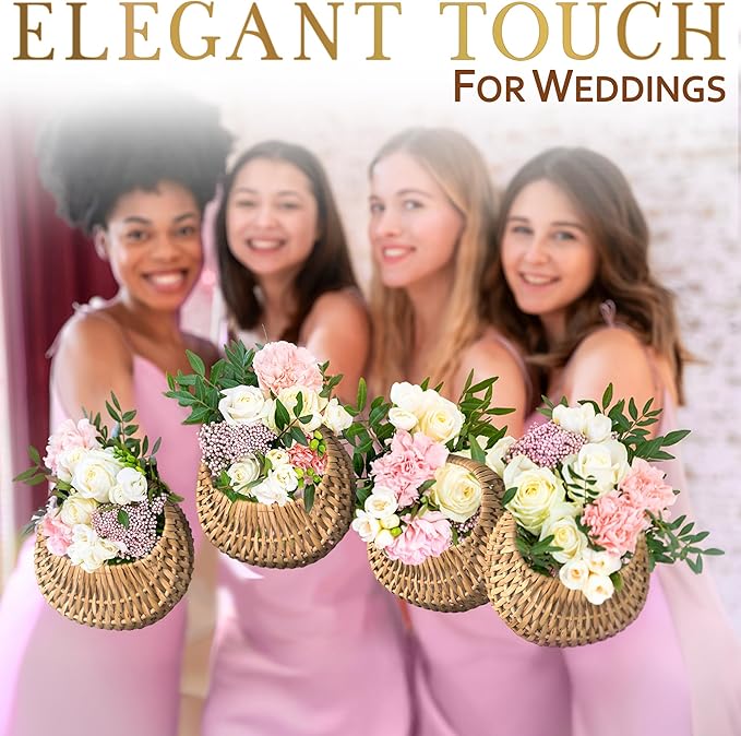 Flower Girl Basket Set of 2, Rattan, 6.3" x 5.12" x 3.75" | Rustic Small Wicker Baskets with Handle & Waterproof Lining; for Wedding, Bridal Shower, Flower Petals, Gifts & Photo Props