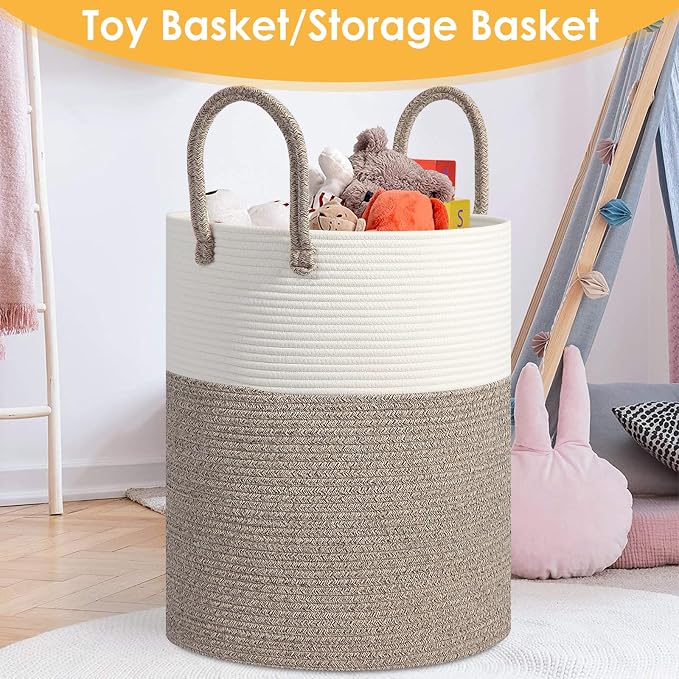 Large Woven Laundry Basket Hamper,100L Cotton Rope Storage Bin for Blankets,Toys and Clothes，Decorative Tall Blanket Basket for Living Room,Baby Nursery Hamper,Baby Storage Basket,Brown/White