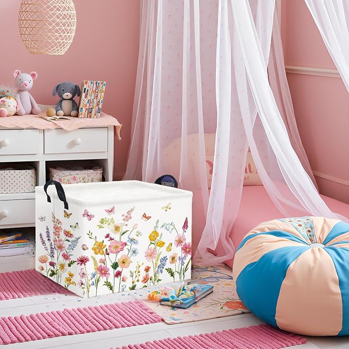 Rectangular Baby Girls Basket Kids Baby Storage Basket Cute Storage Bin Organizer Shelf Book Flower Room Decor(Butterfly Flower)