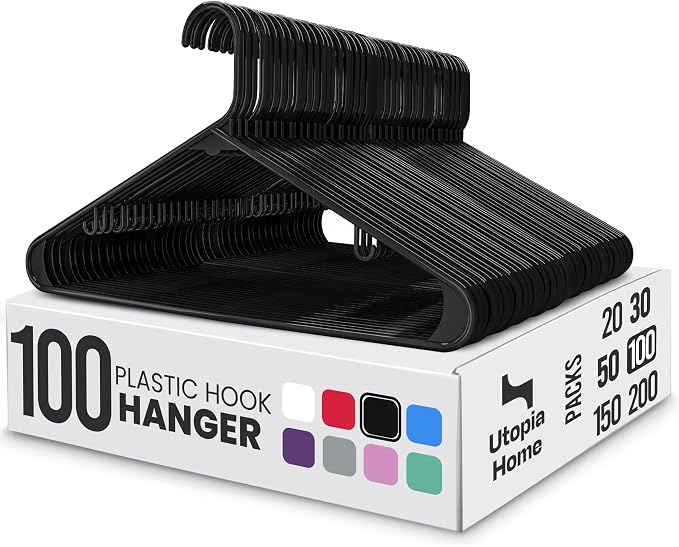 Utopia Home Plastic Hangers 100 Pack – Built-in Strap Hooks Black | Space saving | Durable & strong | Closet organizer | Clothes hangers | Ideal for shirts, pants, skirts & coats