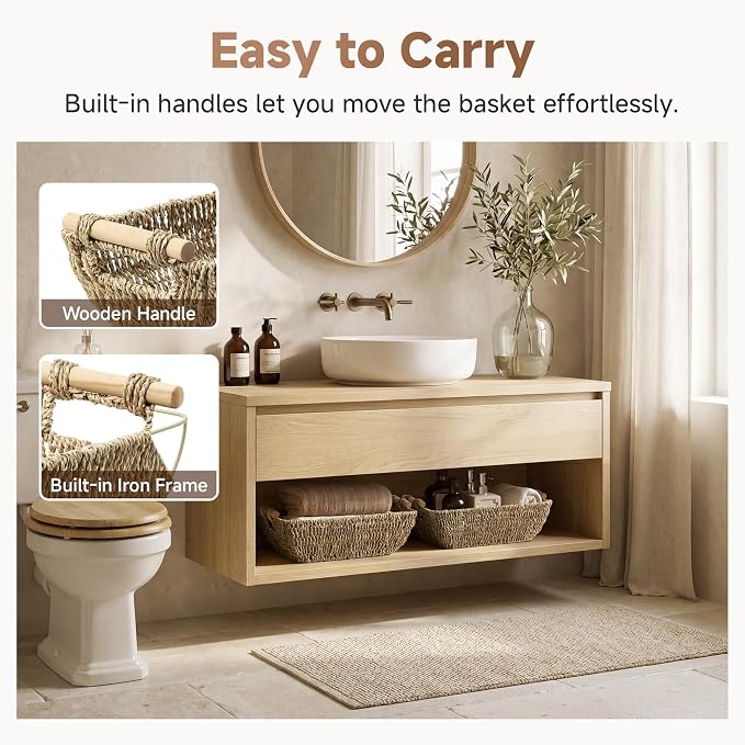 StorageWorks Hand-Woven Large Storage Baskets with Wooden Handles, Seagrass Wicker Baskets for Organizing, 2-Pack