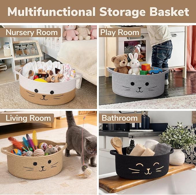 Cat Toy Basket, 13.8" x 6" Wicker Basket for Shelves Living Room, Medium Baby Gift Baskets for Nursery, Pet Dog Toy Box, Jute