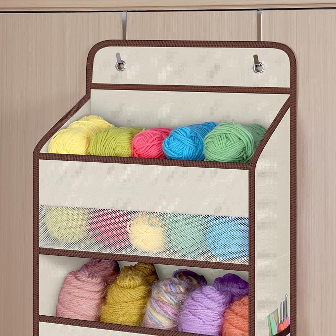 Univivi 1 Pack Over The Door Organizer, Non-Tilting Over The Door Organizer Hanging Door Storage With 5 Large Compartments 6 Side Pockets for Nursery Storage (Beige)
