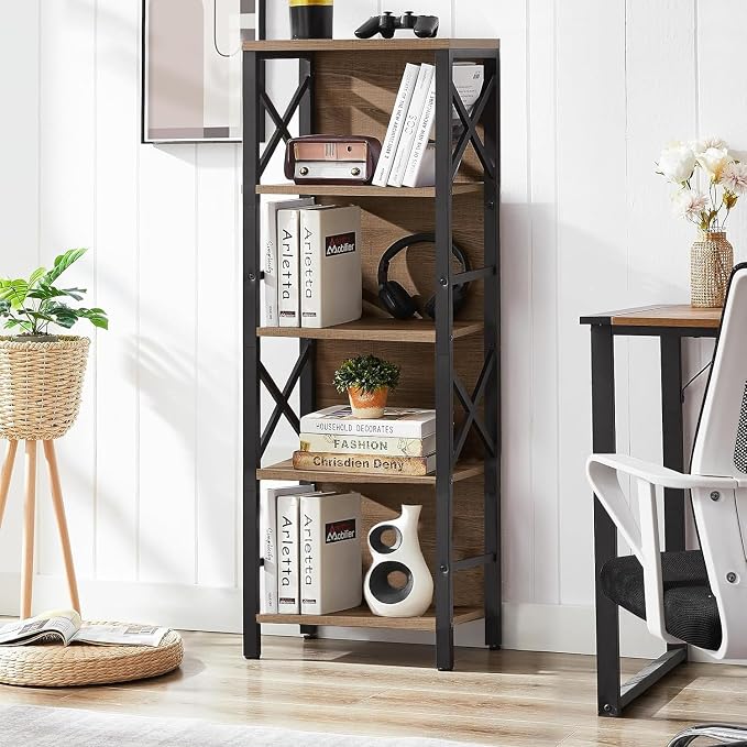 MNEETRUNG Small Bookshelf,5 Tier Industrial Bookshelf with Metal Frame and Backboard,Narrow Rustic Brown Book Shelf,Book case for Small Spaces,Living Room,Bedroom and Home Office