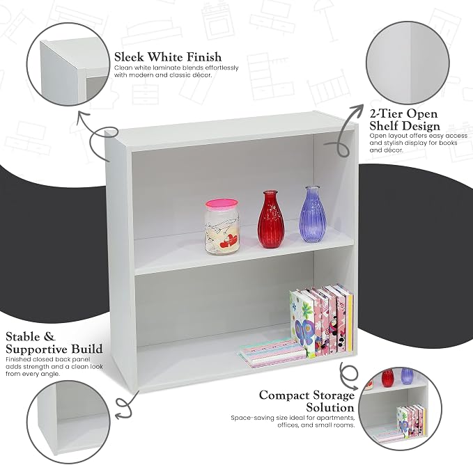 KB Designs - Wood Bookcase Storage Organizer – 2 Tier Shelf Wood Shelf for Books & Decor, Compact Shelf Storage Organizer for Bedroom, Kids Room & Home Office
