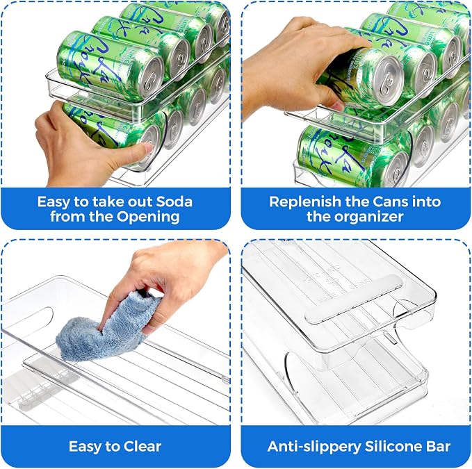 Rolling Soda Can Organizer for Refrigerator Can Dispenser for Fridge Beer Soda Seltzer Pop Can Soda Organizer for 10 Standard Size 11.15oz or 12oz Cans Holder Storage Pantry Organization
