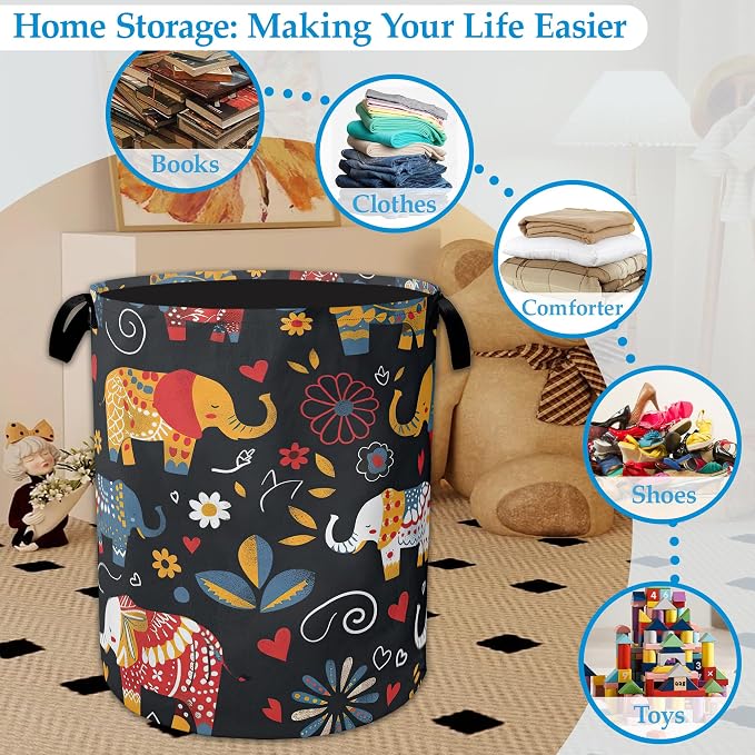 Boho Elephant Laundry Basket Collapsible Laundry Hamper Clothes Storage Bin for Bathroom Bedroom Room Decor 16" X 20.8"
