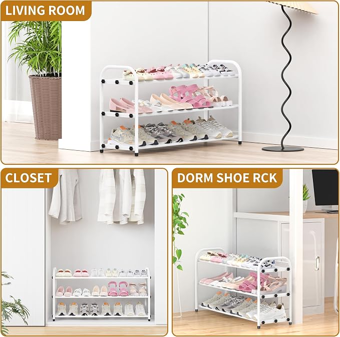 Hleelomi 3-Tier Expandable Shoe Rack for Entryway，Adjustable Metal Shoe Organizer for Closet,Living Room,Dorm, White