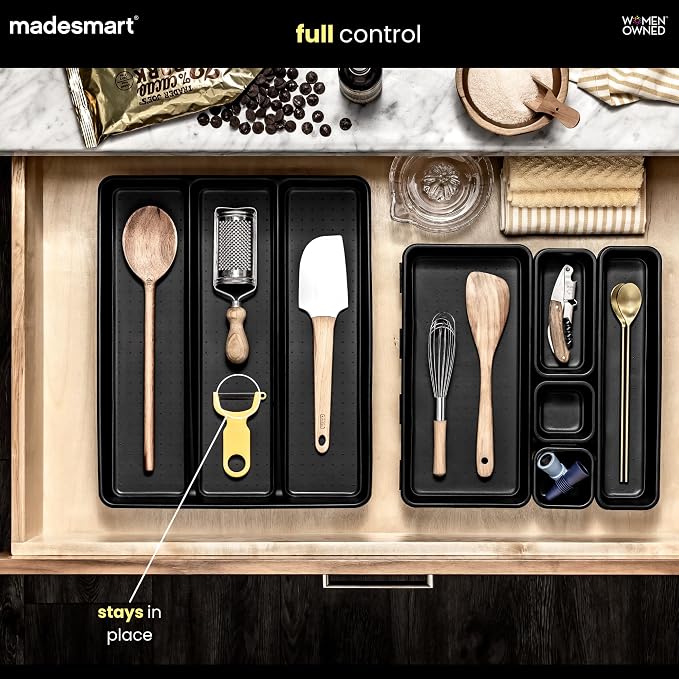 madesmart Classic 3-Compartment Plastic Utensil Tray for Drawers, Multipurpose Storage Tray Drawer Organizer, Carbon Large